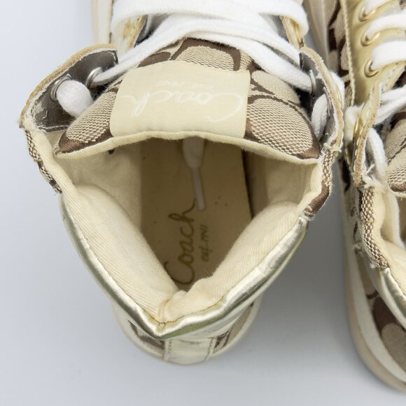 Coach Women's 8 Gold Signature C Logo Monogram High Top Canvas Sneakers - Picture 7 of 13